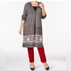 Style&co. Woman Long Grey Hooded Duster Snowflake Cardigan Nordic